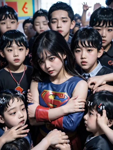 （Supergirl falls to the floor:1.5)、(A large group of short kindergarten boys crowded together:1.6)、(A short boy hugging Supergirl:)、confusion、(Gangbang:1.4)、riot、Group hands、Unarmed Combat、(Submission:1.5)、