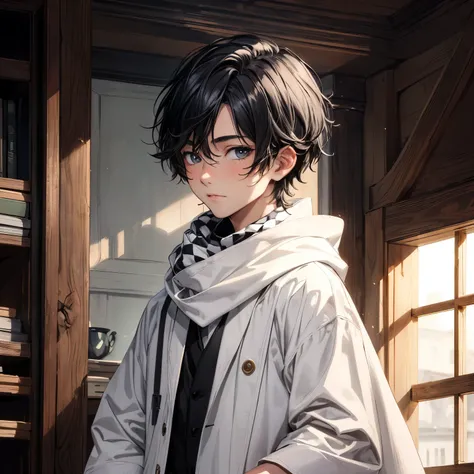 ((best quality)), ((masterpiece)), (detailed), 1boy, black hair, white robes, checkers scarf