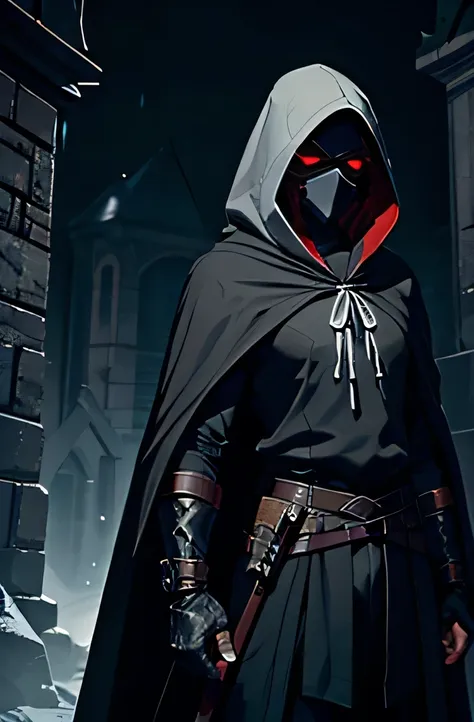 An assassin, male, fantasy character, physically strong, wearing a skull mask covering his face and eyes, dressed in black medieval attire, with a white hooded cloak over it, gray hair, short hair, red eyes, holding a dagger, nighttime background.