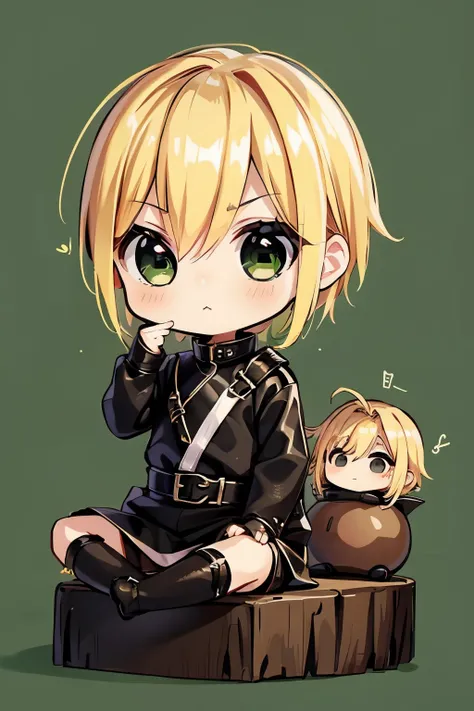 1boy、heavymetal、chibi、black leather、Blonde、green background、brown eye、sitting、meroic sign