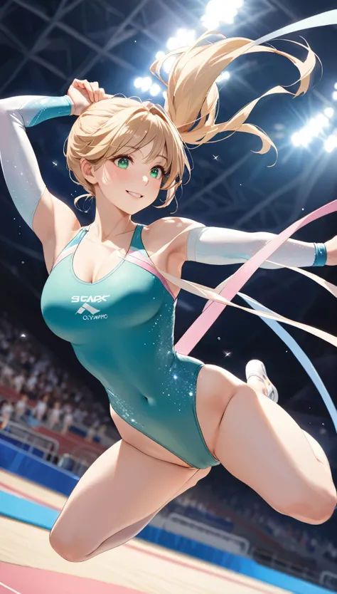  She is performing rhythmic gymnastics using ribbons, One leg raised wide, jumping, cameltoe, Highest quality、Best image quality、masterpiece、One Girl、26 years old、Best Bust、Big Breasts、Beautiful Eyes、blonde, Green Eyes、untie ponytail、Long Hair、Natural smil...