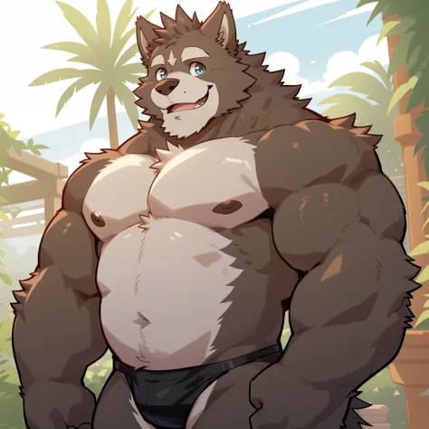 Scribble Wolf face,Humanity(Wolf),(black sexy panties:1.3),Muscular,(Brown eyebrows:1.1),(Perfect eyes),Black fur，（artist:Takemoto Arashi），Garden Background，Smile，Wolf尾巴，（Topless:1.3），light pink nipples。