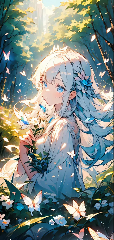 (Mastepiece), (Best Quality), Very detailed, 1 girl, Solo full body shot, Perfect Face, beautiful girl, Very detailedな顔，(Long white hair:1.5)，(blue eyes:1.4)，(Lots of butterflies々:1.2)、(forest、Flower Field:1.4)、(Lots of petals:1.3)、(gem:1.3)、(smile:1.3)、Fa...