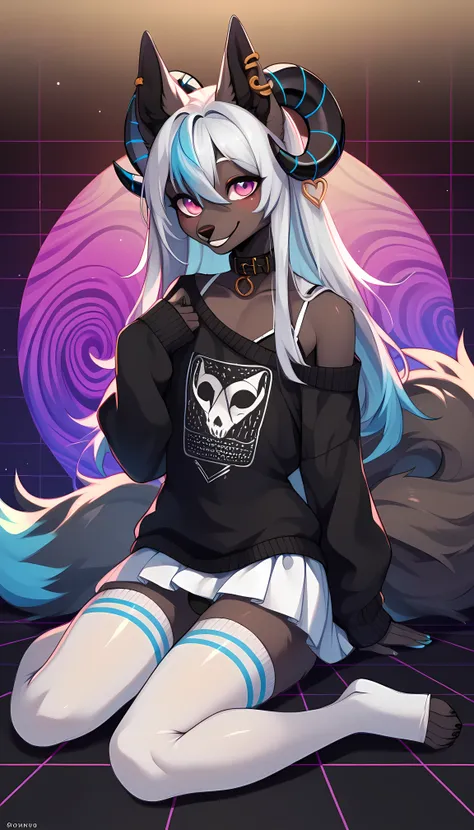 score_9,score_8_up,score_7_up, source_cartoon, an anthro furry wolf girl, black furry body, black ear tips, long white hair with...