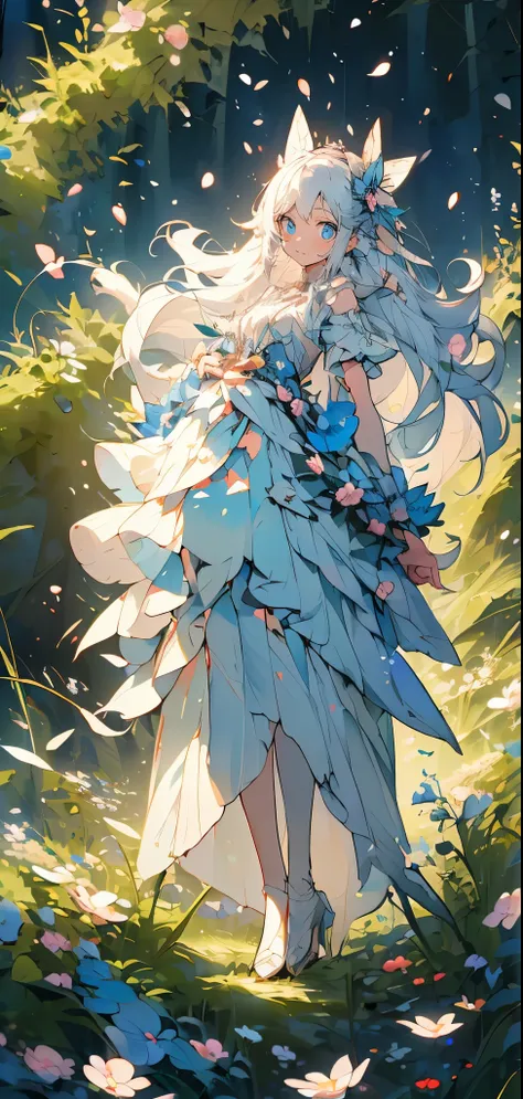 (Mastepiece), (Best Quality), Very detailed, 1 girl, (Solo full body shot:1.4), Perfect Face, beautiful girl, Very detailedな顔，(Long white hair:1.5)，(blue eyes:1.4)，(Lots of butterflies々:1.2)、(forest、Flower Field:1.4)、(Lots of petals:1.3)、(gem:1.3)、(smile:1...