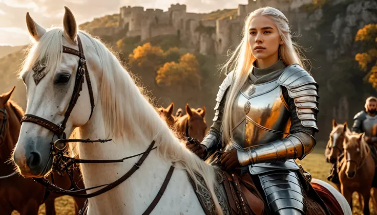 a beautiful young woman with long white hair, medieval warrior with horses, dramatic game of thrones inspired 8k cinematic scene,detailed realistic digital painting, intricate fantasy landscape, detailed fantasy armor, realistic medieval weaponry and horse...