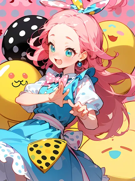 (Alice in Wonderland:1.3),(straight pink perm hair),big forehead,(A vibrant and lively background:1.2),(Pop and cute black polka dot pattern:1.45)),((You are the main character！:1.2)),((Beautiful images:1.15)),((high quality:1.15)),((Perfect graphics:1.15)...