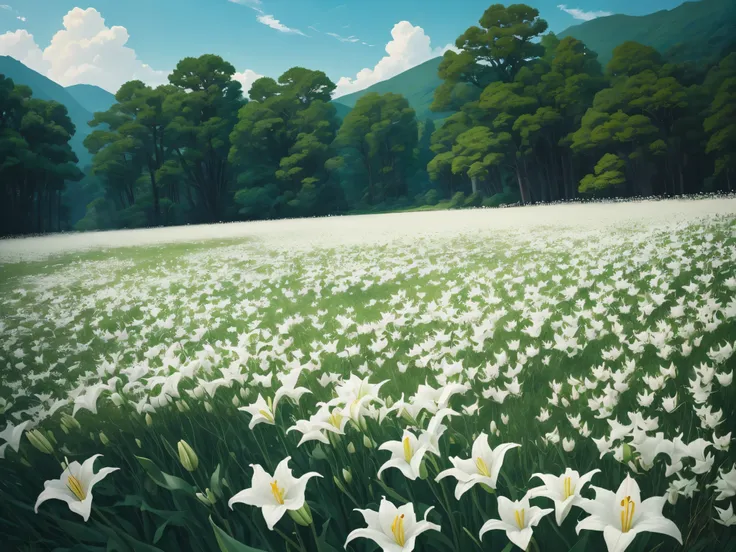 there are many white flowers in a field of green grass, big lilies, white lilies, lilies, lillies, lily flowers, eiko ishioka, by Chen Hongshou, by Li Shan, by Tadashi Nakayama, by Gigadō Ashiyuki, by Wu Zhen, lily flower, by Wen Zhengming, by Wang Jian, f...