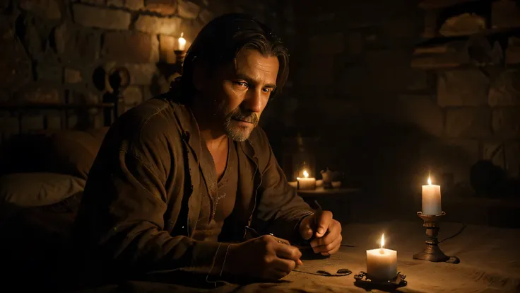 At night, a middle-aged brown-haired man, Jairo, expression of great concern, dressed in a tattered brown robe, sitting in a chair next to a bed, dimly lit room, with stone walls, in the light of a single candle (best quality). ,4k,8k,high resolution,maste...