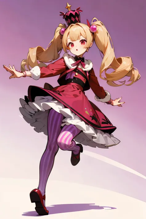 Idol-like animated character
Red eyes, cute expression
High quality image with no shadows on background
Fluffy dark red dress skirt with front opening
Pink and purple striped tights through dress skirt
Dark red fur jacket
Cute white ball-like ornaments
Sma...