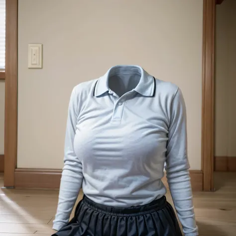 (invisible, no humans:1.7, headless:1.7, handless, legless), skirt, (close-up to breast), cute big breast, fat, chubby,school polo shirt,from side, cute pose, long sleeve, on floor, black leggings,
(8k, RAW photo, best quality, masterpiece:1.2), (realistic...