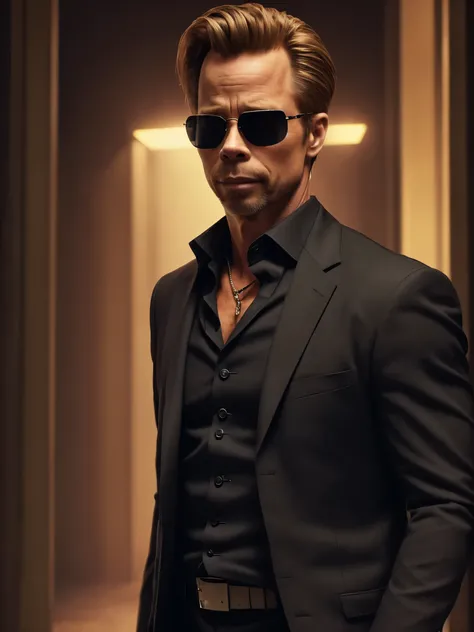 ((best quality)), ((masterpiece)), (detailed) fan art of evil blond man (Guy Pearce) in a pitch black suit emerging from the shadows, blond ((Guy Pearce)) stepping into the light towards the camera, Guy Pearce, the matrix (1999), square sunglasses, night, ...