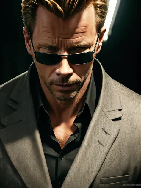 ((best quality)), ((masterpiece)), (detailed) fan art of evil blond man (Guy Pearce) in a pitch black suit emerging from the shadows, blond ((Guy Pearce)) stepping into the light towards the camera, Guy Pearce, the matrix (1999), square sunglasses, night, ...