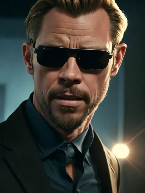 ((best quality)), ((masterpiece)), (detailed) fan art of evil blond man (Guy Pearce) in a pitch black suit emerging from the shadows, blond ((Guy Pearce)) stepping into the light towards the camera, Guy Pearce, the matrix (1999), square sunglasses, night, ...