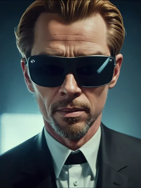 ((best quality)), ((masterpiece)), (detailed) fan art of evil blond man (Guy Pearce) in a pitch black suit emerging from the shadows, blond ((Guy Pearce)) stepping into the light towards the camera, Guy Pearce, the matrix (1999), square sunglasses, night, ...