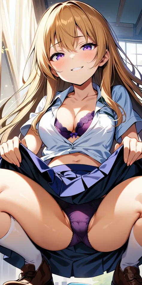 ((2 girls)), 10 years old, stand, long hair, golden hair, purple eyes, ((purple underwear)), (((Worn school uniforms))), ((naughty face)), (medium breasts), (cleavage), (((showing underwear))), (((((skirt lift by myself))))), (from front), from below, ((lo...