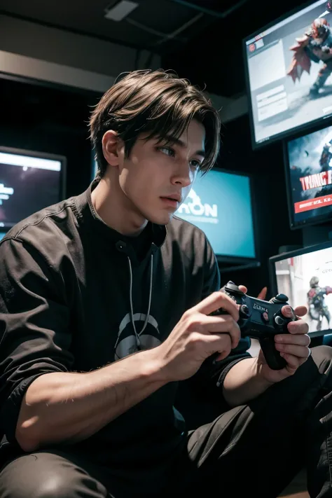 Man playing video game in focus 