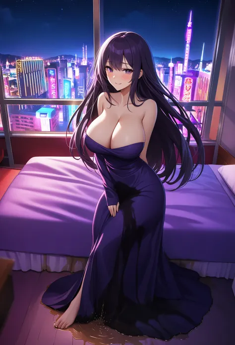 woman, very dark purple hair, purple eyes, long hair, large breasts, very long dress, very tight dress, standing, (wetting herself:1.5), best quality, ultra-detailed, HDR, studio lighting, professional, vivid colors, sharp focus, bokeh, landscape, love hot...