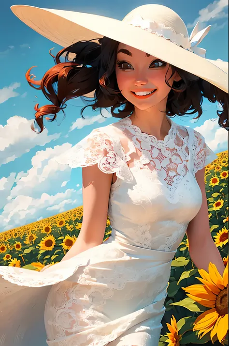 fuwa aika,1girl,solo, (White lace dress:1.2),flowing dress (sun visor hat:1.2), Sunflower field, under the sunlight, light smile,looking at viewer, wind, dynamic, strong light and shadow,dynamic pose,