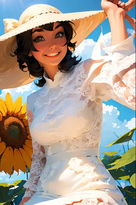 fuwa aika,1girl,solo, (White lace dress:1.2),flowing dress (sun visor hat:1.2), Sunflower field, under the sunlight, light smile,looking at viewer, wind, dynamic, strong light and shadow,dynamic pose,