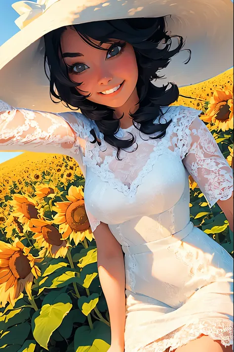 fuwa aika,1girl,solo, (White lace dress:1.2),flowing dress (sun visor hat:1.2), Sunflower field, under the sunlight, light smile,looking at viewer, wind, dynamic, strong light and shadow,dynamic pose,