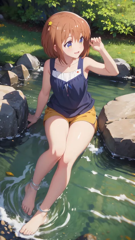 girl playing in the river, 1girl, ichijou hotaru, smile, 11-year-old, barefoot, thighs, sleeveless, shorts, realistic skin textu...