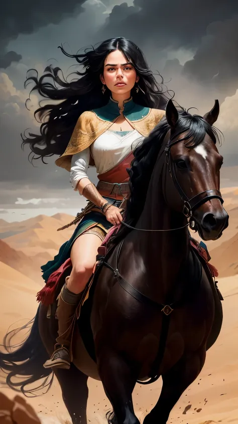 ((best quality)), ((masterpiece)), (detailed), A digital illustration of an injured young woman riding a dark black horse in the desert with a furious expression on her face, dressed in traditional warrior attire with long black hair flowing in the wind. t...