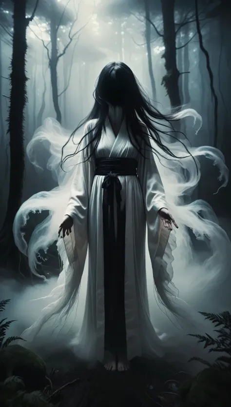 Calm colors、Hundreds of jellyfish、Black-haired woman、White kimono、Dirty clothing、Hair that hides the face、Standing Eerie。Nightmare illustration、Surreal fantasy、Thick Fog、Deep woods、darkness、Jet Black