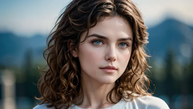 Keri Russell, break, Top Quality, Masterpiece, 1 Girl, Beautiful Face, (Photorealistic Photos:1.3), Rim Lighting, (High Detail Skin:1.2), 8K UHD, DSLR, High Quality, High Definition, 4K, 8K, Bokeh, (Real: 1.3), pretty Face, 25 years old, tshirt, mountains,...