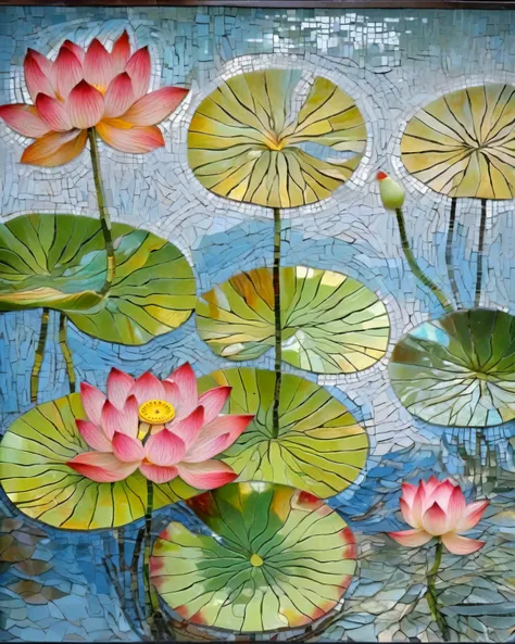 lotus pond in full bloom, A brilliant mosaic: 1.2, welcoming the sun: 0.8, infusing the space with warmth and vibrancy as the glass pieces: 0.4 sparkle and dance. large lotus leaf, lotus flower, ink painting style, clean color, ink wash style, smudge, clea...