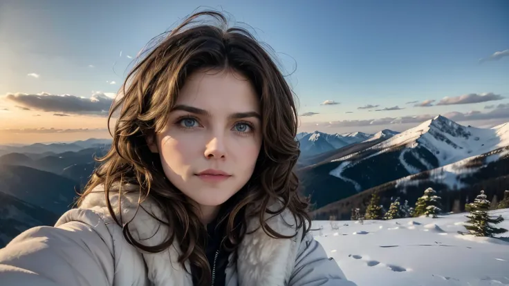 keri russell , selfie , masterpiece, wide-angle perspective, s-shaped composition, a picture of the mountain scenery from near t...