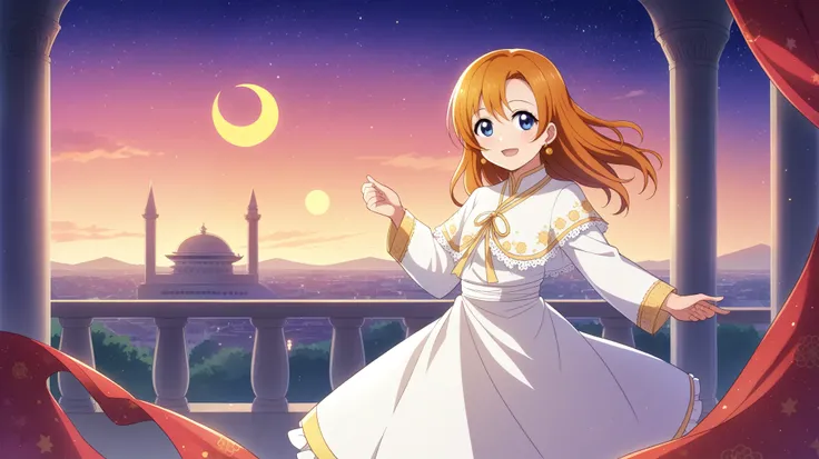 16-bit,Mosque, big crescent, bright stars in the sky, at night, 1girl,Kousaka honoka,Ultra detail hair, ultra detail face, earring, looking at viewer,orange hair , standing , blue eyes , scenery,style,pixelart,apxlz, islamic city, idol custom