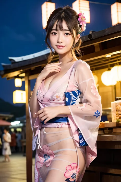 beautiful exposed thighascara、long false eyelashes、blue eyeshadow、bright red lips)))、(((the yukata is short and her thighs are v...