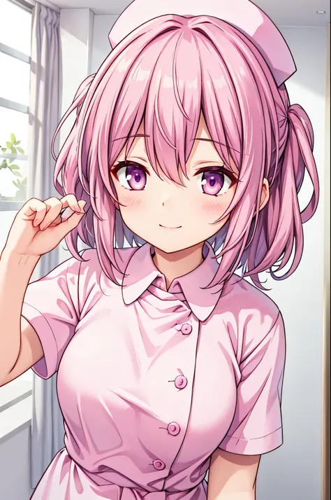 high resolution,smile,woman,woman1人,adult,cute,
Medium Hair,wavy hair, Pink Hair,Purple eyes,
White nurse uniform,whole body,
BREAK Background white,