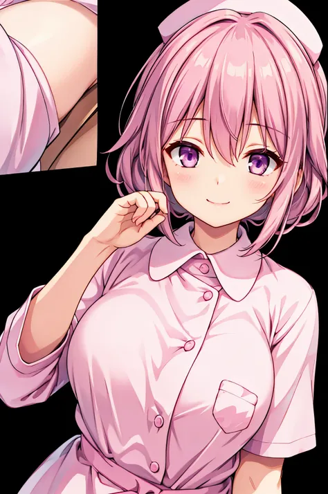high resolution,smile,woman,woman1人,adult,cute,
Medium Hair,wavy hair, Pink Hair,Purple eyes,
White nurse uniform,whole body,
BREAK Background white,