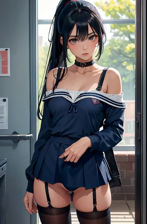 1 girl, One, Laura S.. Arseid (long dark blue hair, ponytail and side bangs, Small breasts), (inspired by cold steel traces) In a school dress, showing off panties, at the military school, embarrassed