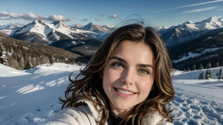 Keri Russell , selfie, 20 years old , smiling, masterpiece, wide-angle perspective, S-shaped composition, a picture of the mountain scenery from near to far in a cinematic vision, with distinct levels, clear high and low, distant sunset on the top of a sno...