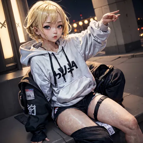 1人の女の子, ピクサー, "An image of a woman with blonde bobbed hair sitting in an urban night scene, looking up at the sky. She has YUKA written on her back, is wearing a white hoodie and baggy black cargo pants."