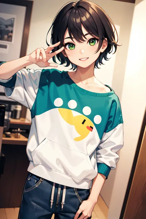 ((Highest quality)), ((masterpiece)), (detailed), One boy:2.0,Chibi character style:5.0,Selfie  shot,cowboy shot,slim,downturned eye,green eyes,short hair,playful smile,oversized sweatshirt,gaucho pants,sneakers,shoulder bag