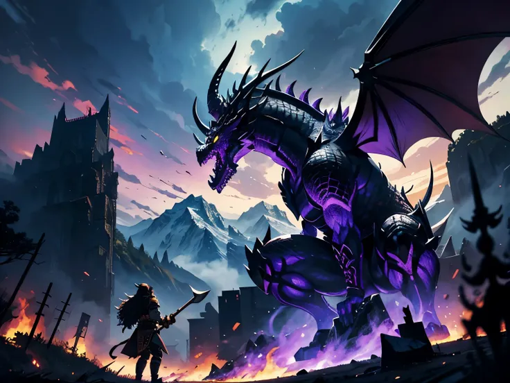 giant black and purple dragon burning small nordic village fighting a viking warrior with an axe, landscape, anime, fantasy