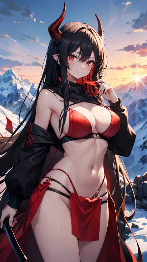 High resolution,high resolution,Girl,(,Red skin,Zambara-hair,Black Hair,Long Hair,)Red Eyes,smile,Demon Horns,boyish,slender,Mountain trail,Toned body,,Tube top,Huge Weapons,Loincloth,