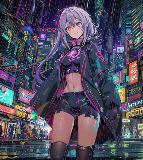 night, Colorful Cyberpunk City Background, rain, two , nanakusa nazuna, 1, chest, Cut-out neckline, Clothing cutouts, Crop top, Shadow, dam, Gradient Hair, Silver Hair, Twin tails,Hair Ring, Jacket, Watching the audience, compensate, belly button, Open you...