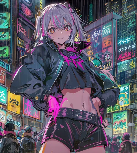 night, Colorful Cyberpunk City Background, rain, two , nanakusa nazuna, 1, chest, Cut-out neckline, Clothing cutouts, Crop top, Shadow, dam, Gradient Hair, Silver Hair, Twin tails,Hair Ring, Jacket, Watching the audience, compensate, belly button, Open you...