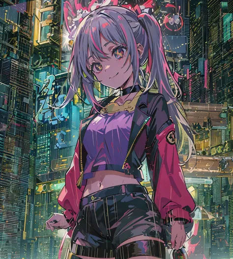 night, colorful cyberpunk city background, rain, two , nanakusa nazuna, 1, chest, cut-out neckline, clothing cutouts, crop top, ...