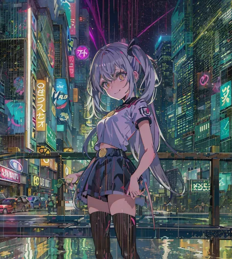 night, Colorful Cyberpunk City Background, rain, two , nanakusa nazuna, 1, chest, Cut-out neckline, Clothing cutouts, Crop top, Shadow, dam, Gradient Hair, Silver Hair, Twin tails,Hair Ring, Jacket, Watching the audience, compensate, belly button, Open you...