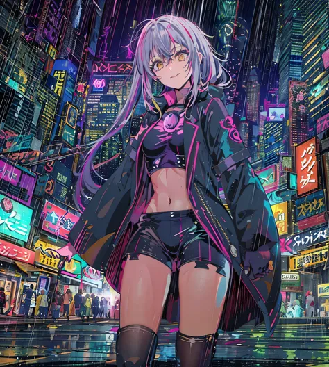 night, colorful cyberpunk city background, rain, two , nanakusa nazuna, 1, chest, cut-out neckline, clothing cutouts, crop top, ...