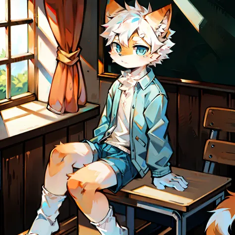 furry， cat boy，（White hair），（Orange skin），blue eyes，Sitting in the classroom，Legs on the table，（（Wear short white socks）），Light blue pajamas and shorts，The only person，high quality