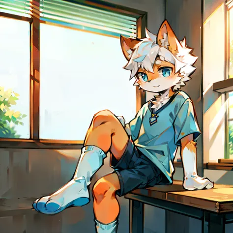 furry， cat boy，（White hair），（Orange skin），blue eyes，Sitting in the classroom，Legs on the table，（（Wear short white socks）），Light blue pajamas and shorts，The only person，high quality