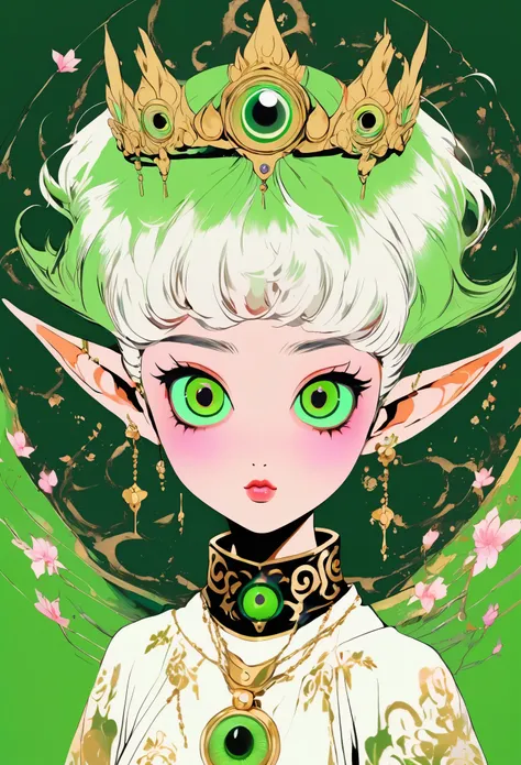 Japanese Anime，Second Dimension，Horror style，horror character，(((third eye on the forehead，Dark eyeshadow，White short hair，Elf ears，Green Skin，Exaggerated golden crown-eyeball decoration))),(((Japanese clothing))).(((Thin waist，Green belt：1.6))).Pure pink ...