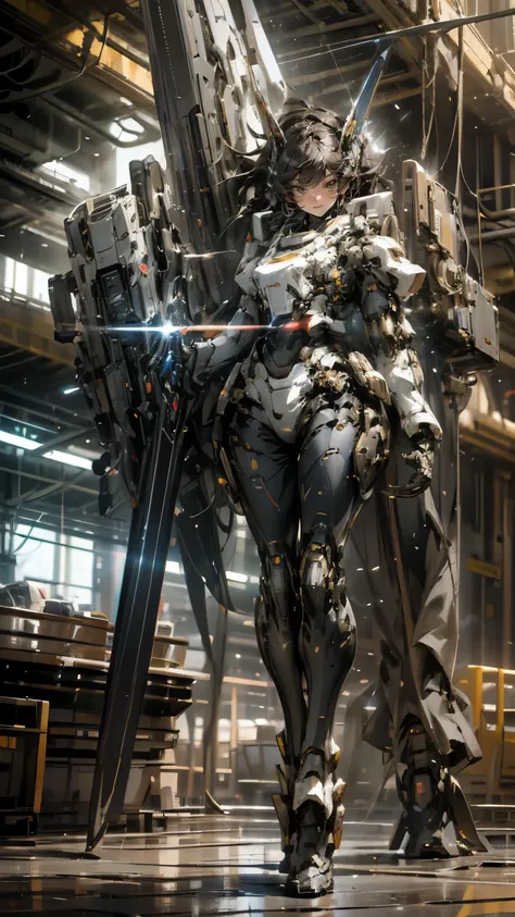 Chiaroscuro, close up, light, Ray Tracing, Ultra HD, masterpiece, High Detail, high resolution,Full body portrait of mecha woman,Robot,Huge lightsaber,assault,Stunning graphics,impact